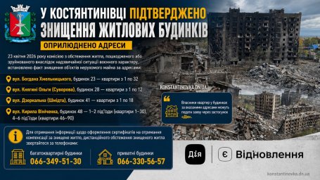 В Константиновке подтверждено уничтожение нескольких многоквартирных домов: обнародованы адреса и детали (23.04.2026)